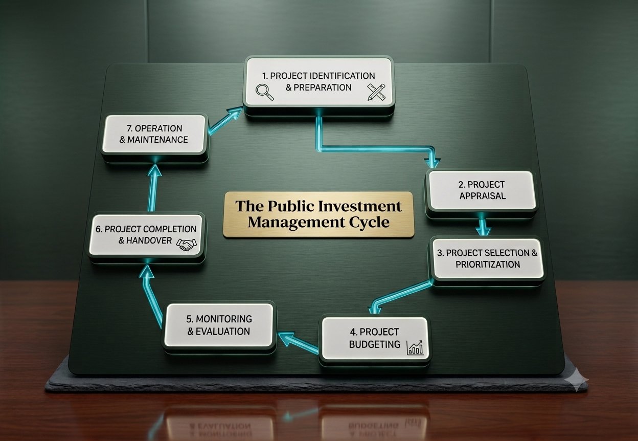 The Public Investment Management Cycle — a seven-stage cycle: 1. Project Identification & Preparation, 2. Project Appraisal, 3. Project Selection & Prioritization, 4. Project Budgeting, 5. Monitoring & Evaluation, 6. Project Completion & Handover, and 7. Operation & Maintenance.